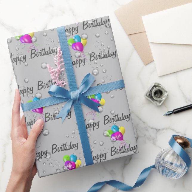 Papel De Presente Aniversário das Rainhas e Balões de Cinza (Presentear)