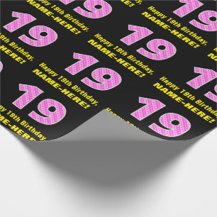 Papel De Presente Aniversário de 19 anos: Listras Rosa e Corações "1