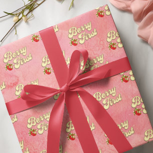 Papel De Presente Aniversário de 1 ano Berry Rosa Branco Morango Dou