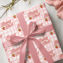 Papel De Presente Aniversário de 1 ano da Berry Rosa Listras Brancas