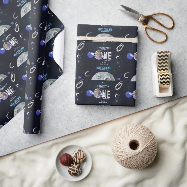 Papel De Presente Aniversário de 1 ano do Astronauta no Espaço Sider (Artesanato)