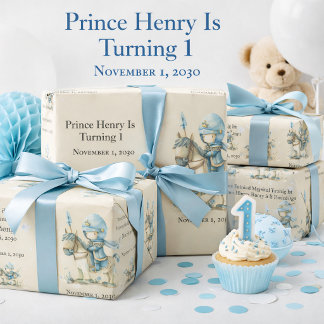 Papel De Presente Aniversário de 1 ano do Menino Cavaleiro Medieval