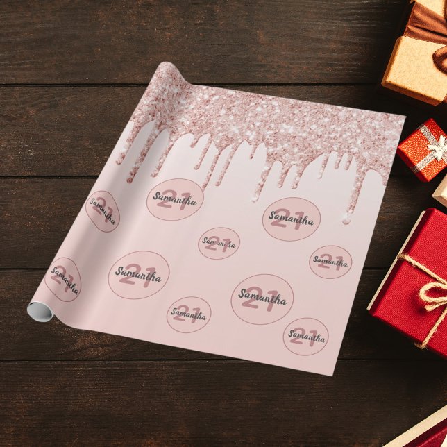Papel De Presente aniversário de 21 anos blush rosa dourado gotas de (Criador carregado)