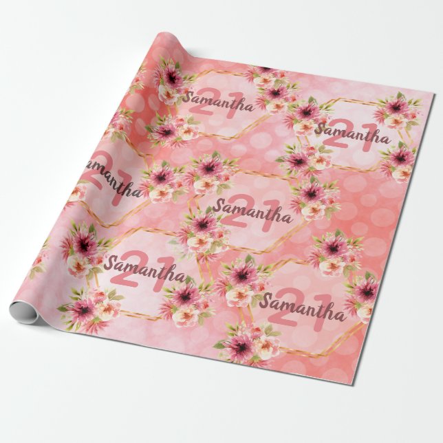 Papel De Presente aniversário de 21 anos coral dahlia flores (Desenrolado)