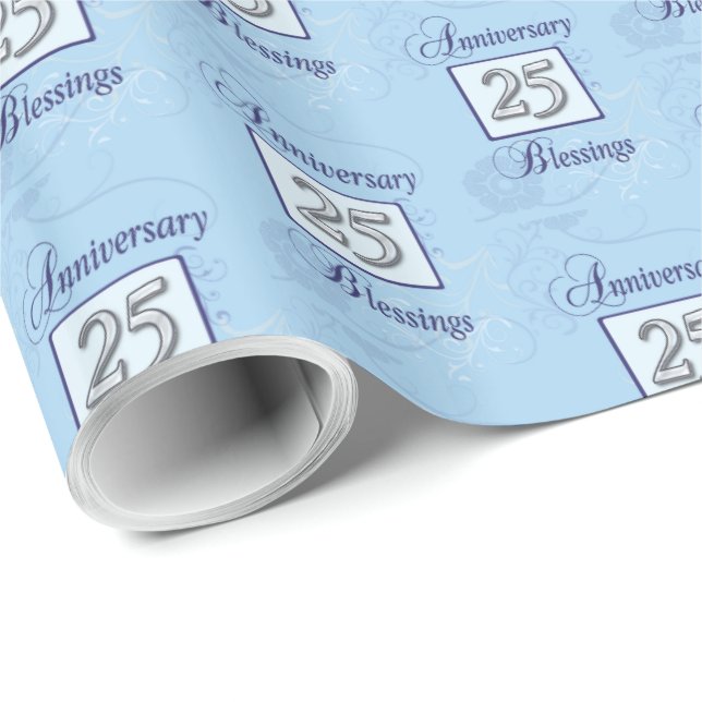 Papel De Presente Aniversário de 25 em Azul e Prata (Ponta do rolo)