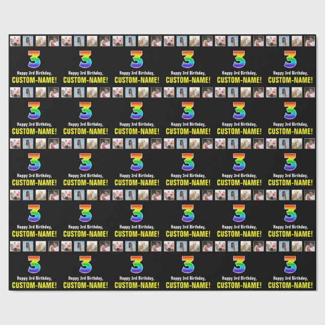 Papel De Presente aniversário de 3 anos: Rainbow "3"; Fotografias e  (Barra)