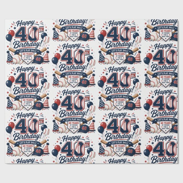 Papel De Presente Aniversário de 40 anos com tema de beisebol (Aberto)