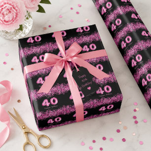 Papel De Presente aniversário de 40 anos preto, balões rosa   Diminu