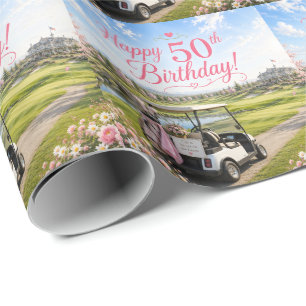 Papel De Presente Aniversário de 50 anos de golfe tema Rosa para mul