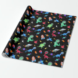 Papel De Presente Aniversário de Astronautas Dinossauros Aquarela no