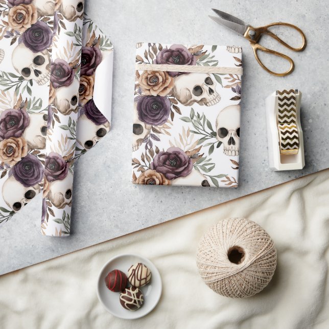 Papel De Presente Aniversário de Caveiras Florais Bege Roxo (Artesanato)