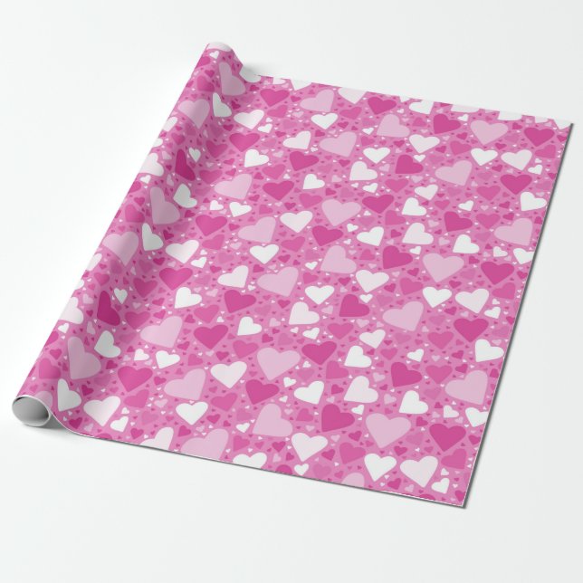 Papel De Presente Aniversário de Corações Brancos e Rosas (Desenrolado)