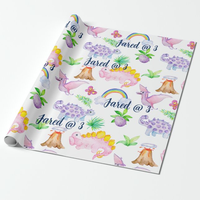 Papel De Presente Aniversário de criança de Aquarela do Dinossauro C (Desenrolado)