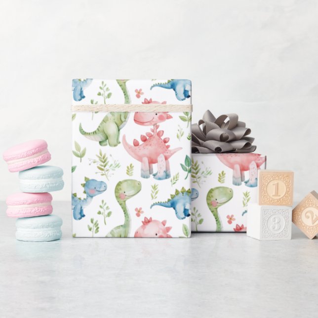 Papel De Presente Aniversário de criança de dinossauros coloridos (Chá de bebê)