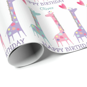 Papel De Presente Aniversário de criança de girafa de pastel com m