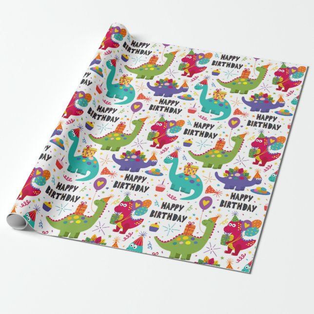 Papel De Presente Aniversário de Crianças Dino Comemorado  (Desenrolado)