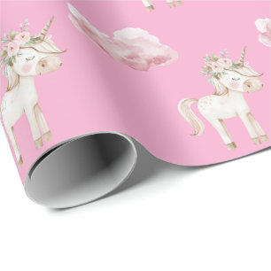 Papel De Presente Aniversário de Flor de Nuvem Rosa Unicórnio