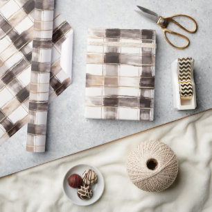 Papel De Presente Aniversário de Listras Xadrez Marrom Creme