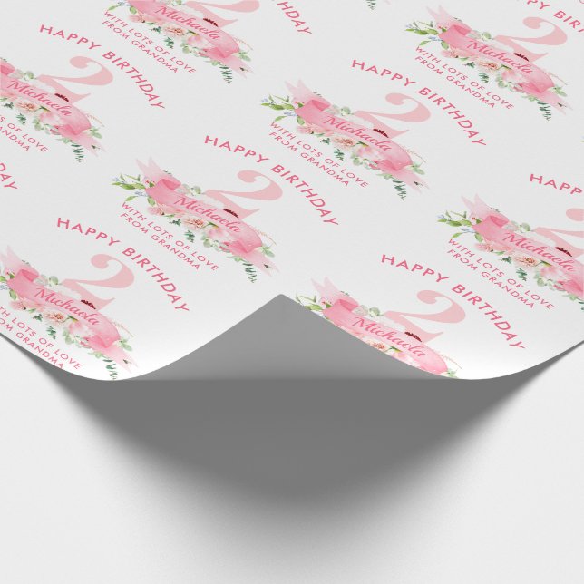 Papel De Presente Aniversário de Menina Rosa Floral Personalizado QU (Ponta)