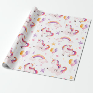 Papel De Presente Aniversário de Meninas com Unicórnio e Arco-íris e