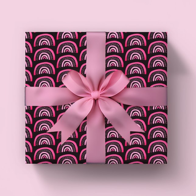 Papel De Presente Aniversário de meninas rosa arco-íris preto (Pink & black rainbow wrapping paper rolls. Perfect for baby shower or girls birthday parties.)