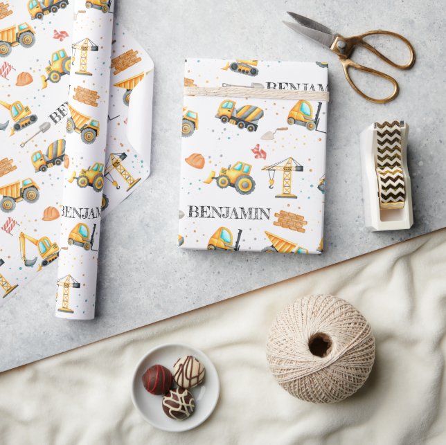 Papel De Presente Aniversário de Menino de Veículos de Construção em (Artesanato)