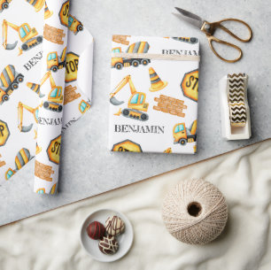 Papel De Presente Aniversário de Menino de Veículos de Construção em