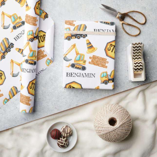 Papel De Presente Aniversário de Menino de Veículos de Construção em (Artesanato)