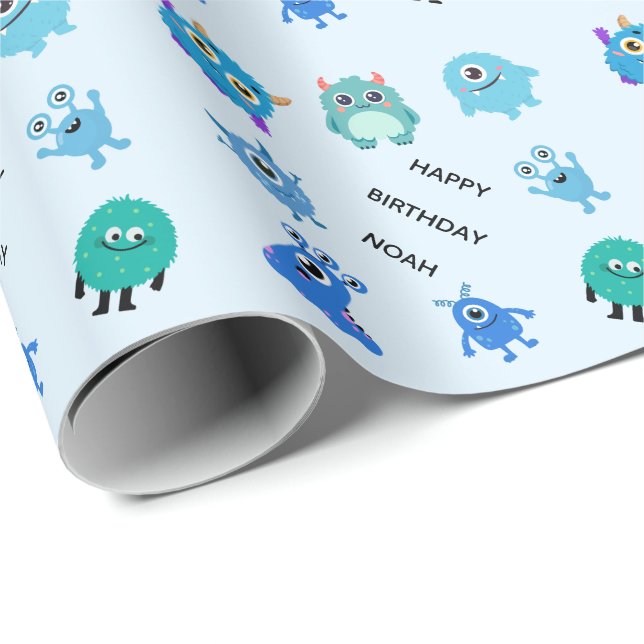 Papel De Presente Aniversário de Monstro Azul Bonito Personalizado (Ponta do rolo)