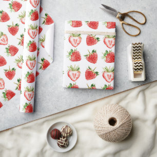 Papel De Presente Aniversário de Morangos em Forma de Coração