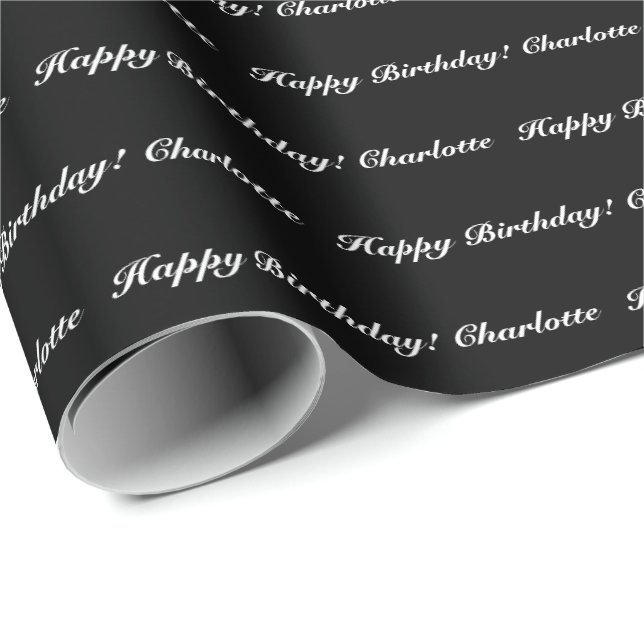 Papel De Presente Aniversário de nome de script personalizado preto  (Ponta do rolo)