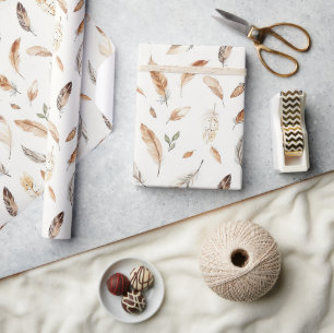 Papel De Presente Aniversário de Penas Boho Creme