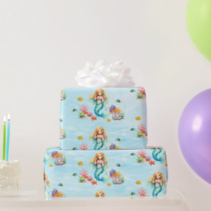 Papel De Presente Aniversário de Sereia em Aquarela