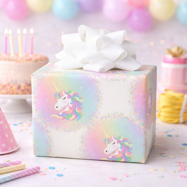 Papel De Presente Aniversário de Unicórnio Mágico Arco-íris Pastel (Criador carregado)
