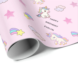 Papel De Presente Aniversário de Unicórnio Rosa Personalizado