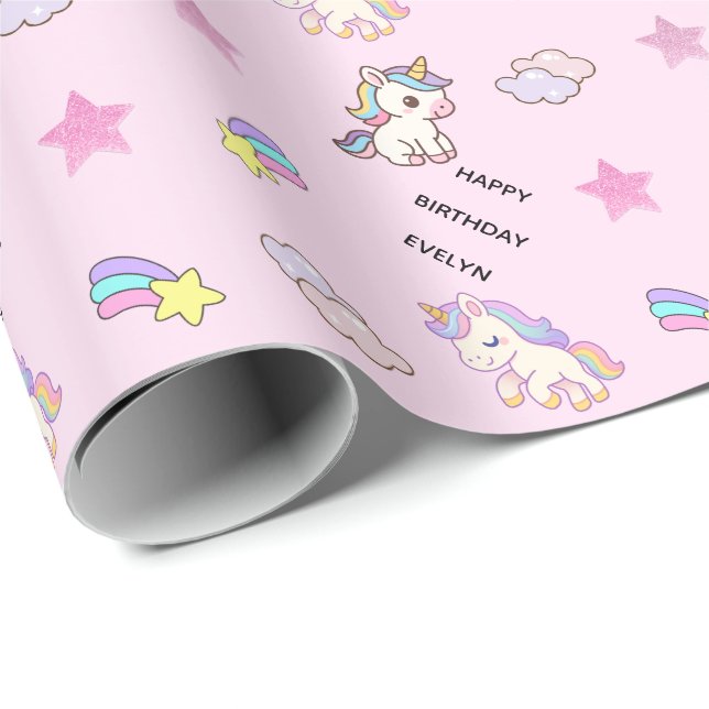 Papel De Presente Aniversário de Unicórnio Rosa Personalizado (Ponta do rolo)