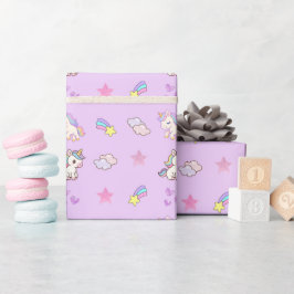Papel De Presente Aniversário de Unicórnio Roxo Claro