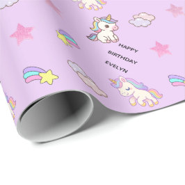 Papel De Presente Aniversário de Unicórnio Roxo Personalizado