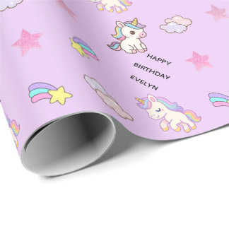 Papel De Presente Aniversário de Unicórnio Roxo Personalizado