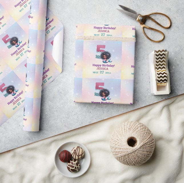 Papel De Presente Aniversário do 5 de Sereia Afro-Americano (Artesanato)