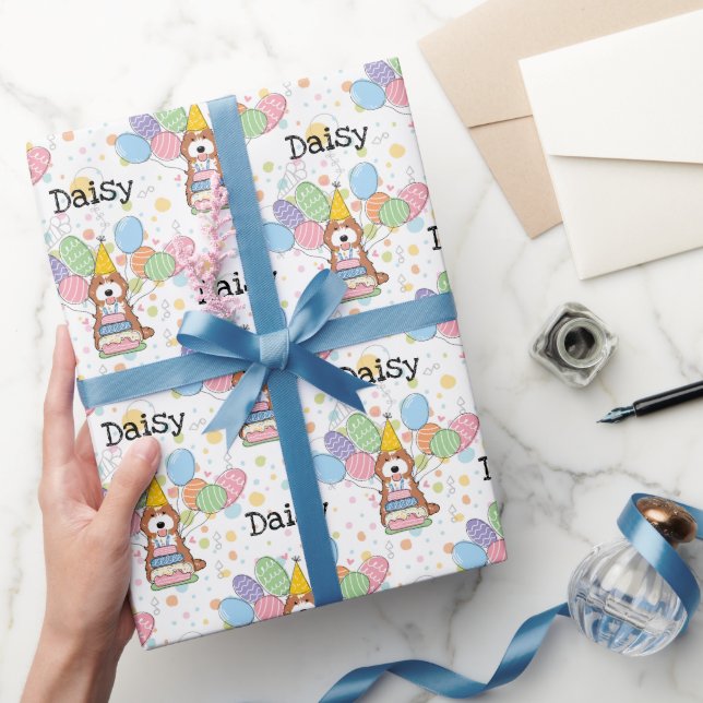 Papel De Presente Aniversário do Cão Caçapo Cavapoo Branco Vermelho (Presentear)