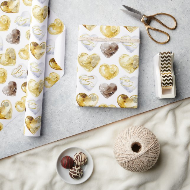 Papel De Presente Aniversário do Dourado Coração Branco Chocolate (Artesanato)