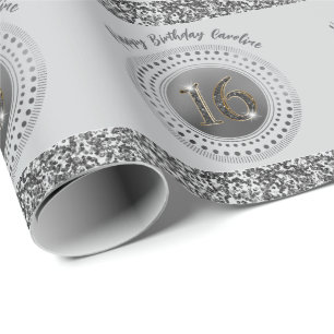 Papel De Presente Aniversário do Elegante Sweet 16, Brilhante Preto 