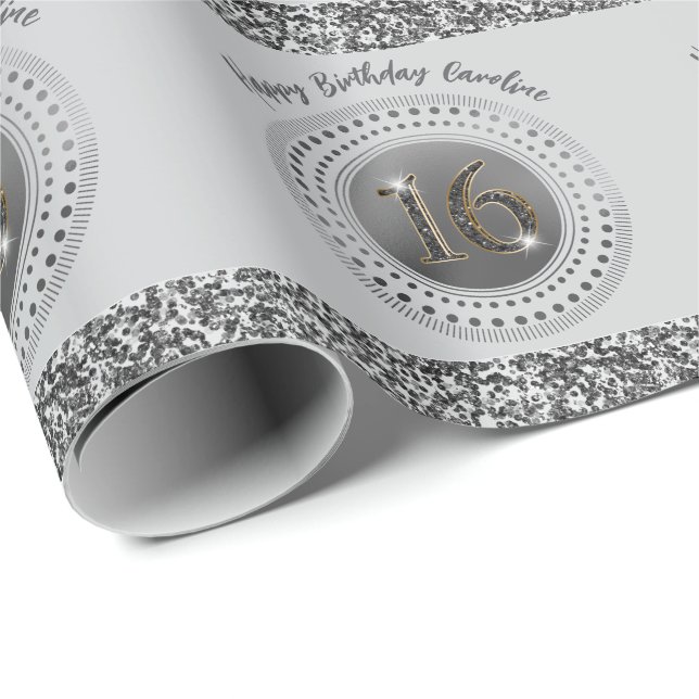 Papel De Presente Aniversário do Elegante Sweet 16, Brilhante Preto  (Ponta do rolo)