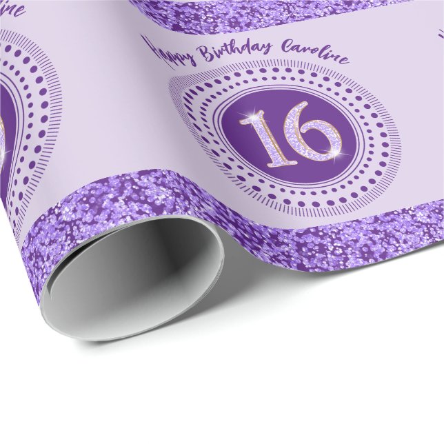 Papel De Presente Aniversário do Elegante Sweet 16, Brilhante Roxo e (Ponta do rolo)