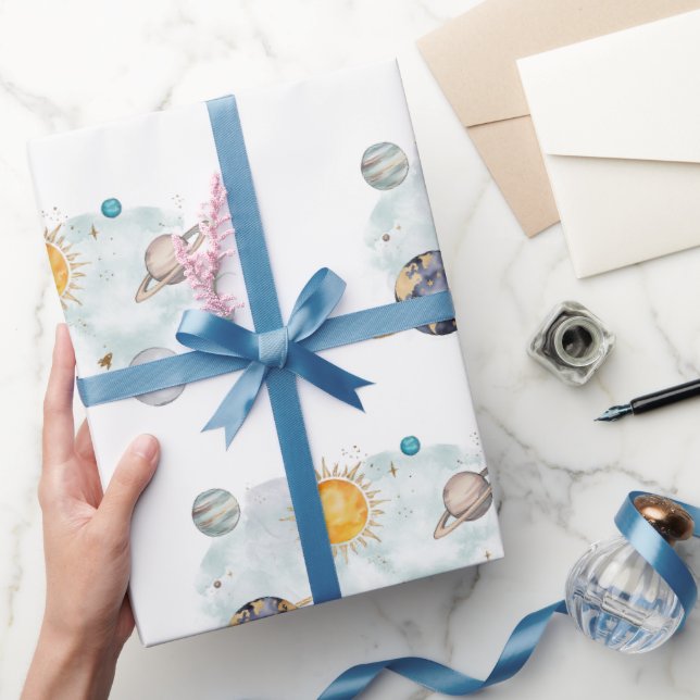 Papel De Presente Aniversário do Espaço Exterior Galáxia Sol Lua Est (Presentear)