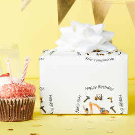 Papel De Presente Aniversário do Garoto da Construção Branca Bilíngu