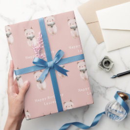 Papel De Presente Aniversário do Gato Rosa-Cor-de-Rosa-Blush