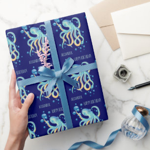 Papel De Presente Aniversário do Marinho Azul de Octopus do Mar Prof