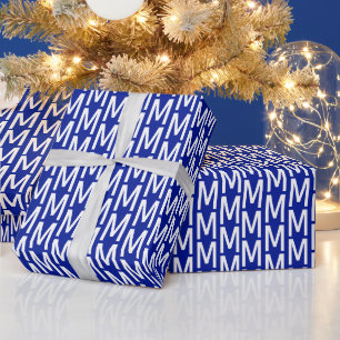 Papel De Presente Aniversário do monograma personalizado azul-cobalt